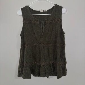 Artisan NY Olive Green Crochet Lace Tiered Peplum Sleeveless Boho Top Size M